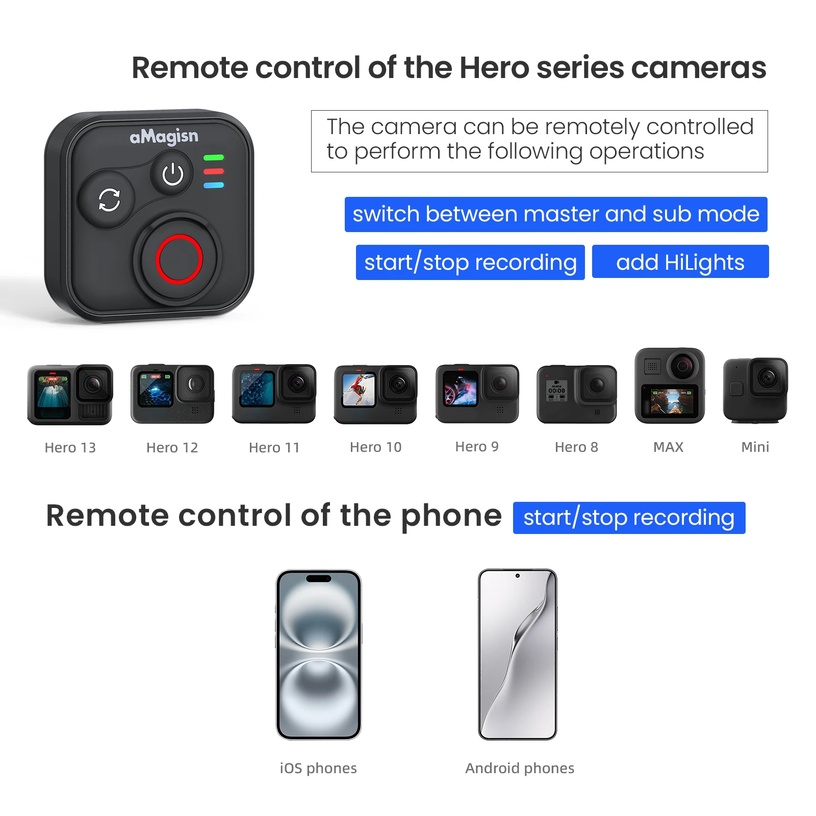 aMagisn 50M Bluetooth Remote Control for Insta360 X5 / X4 Air / Ace Pro 2 Gopro Hero 13 12 Camera iOS Android Shutter Controller
