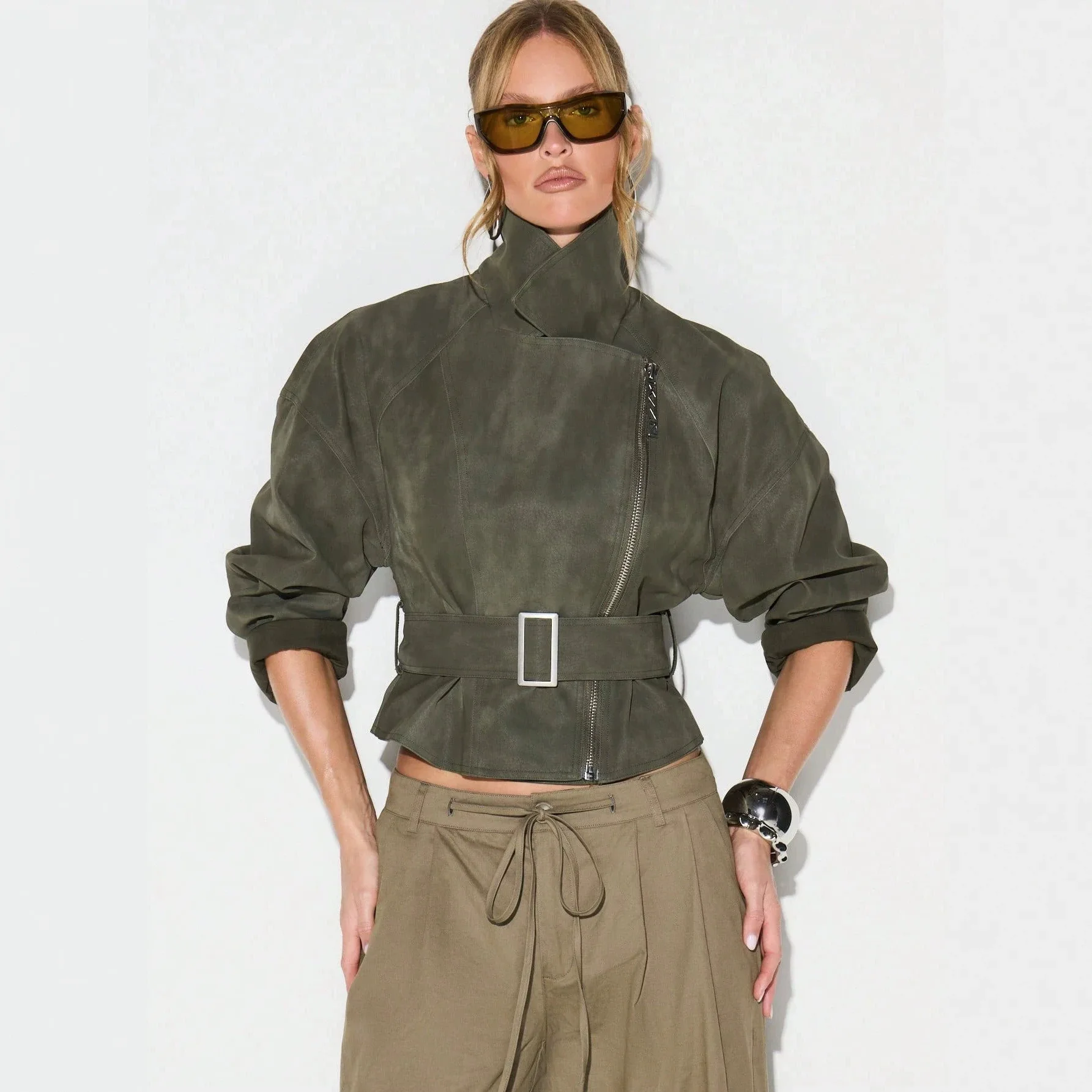 2026 autumn and winter women's clothing retro style imitation suede motorcycle jacket oblique zipper waist tooling jacket