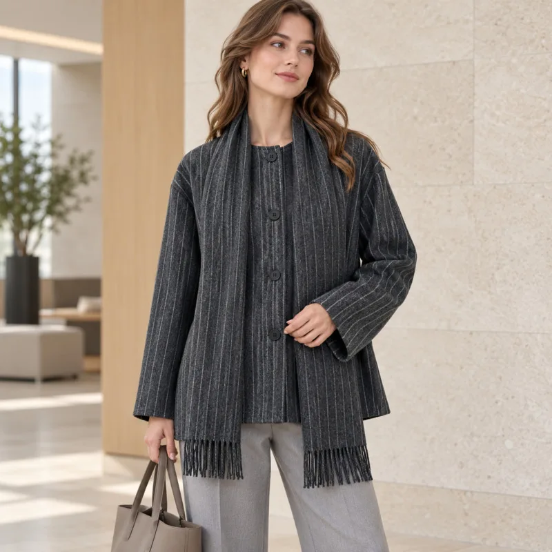 Women Striped Blazer Scarf Coat Autumn Long Sleeve Tassel Shawl Jacket Office Lady Commuter Elegant Outerwear Fashion