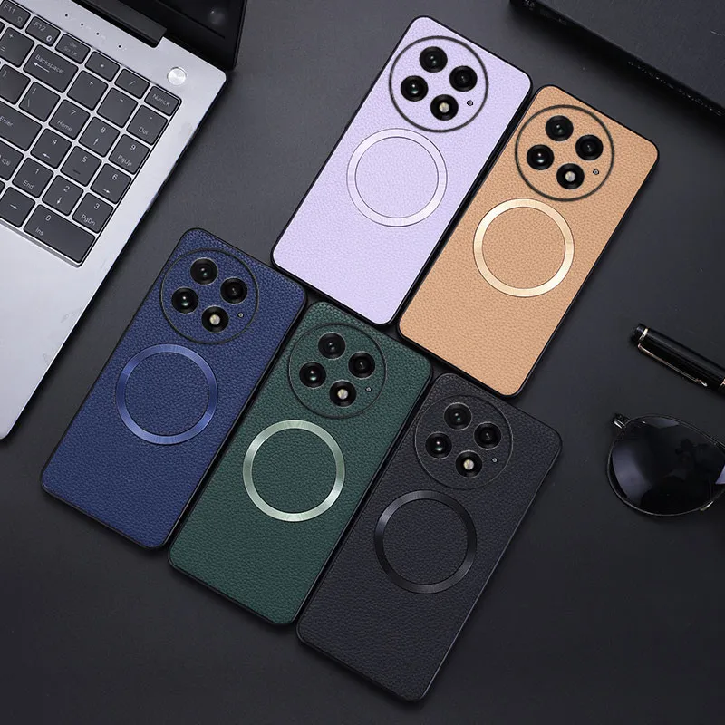 

For OnePlus 13 Magnetic Case ELVEV Lichee Pattern PU Leather Protective Back Shell