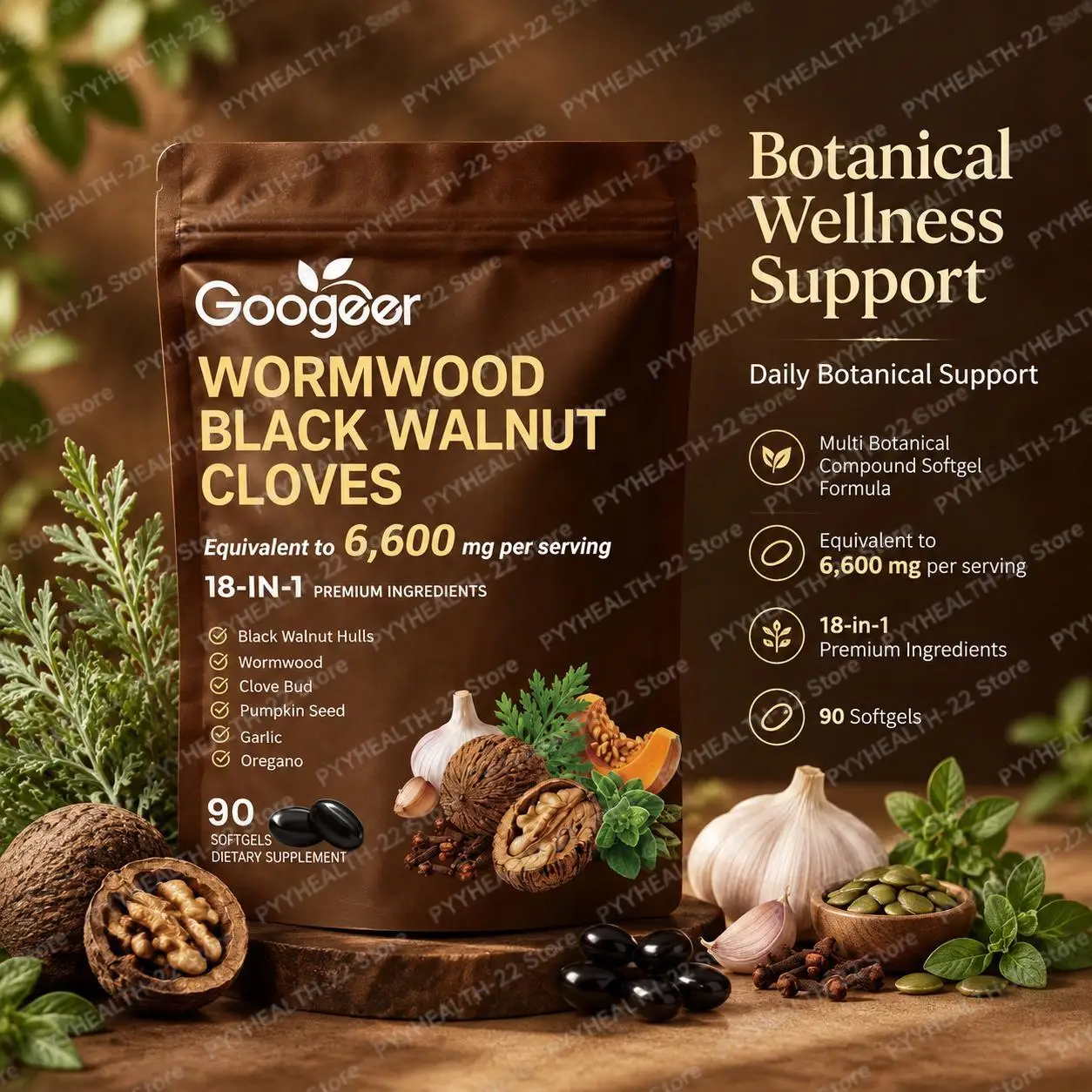 18-in-1 Wormwood Black Walnut Cloves Softgels 6600mg, Botanical Blend Supports Gut Comfort & Natural Body Vitality, 60 Softgels