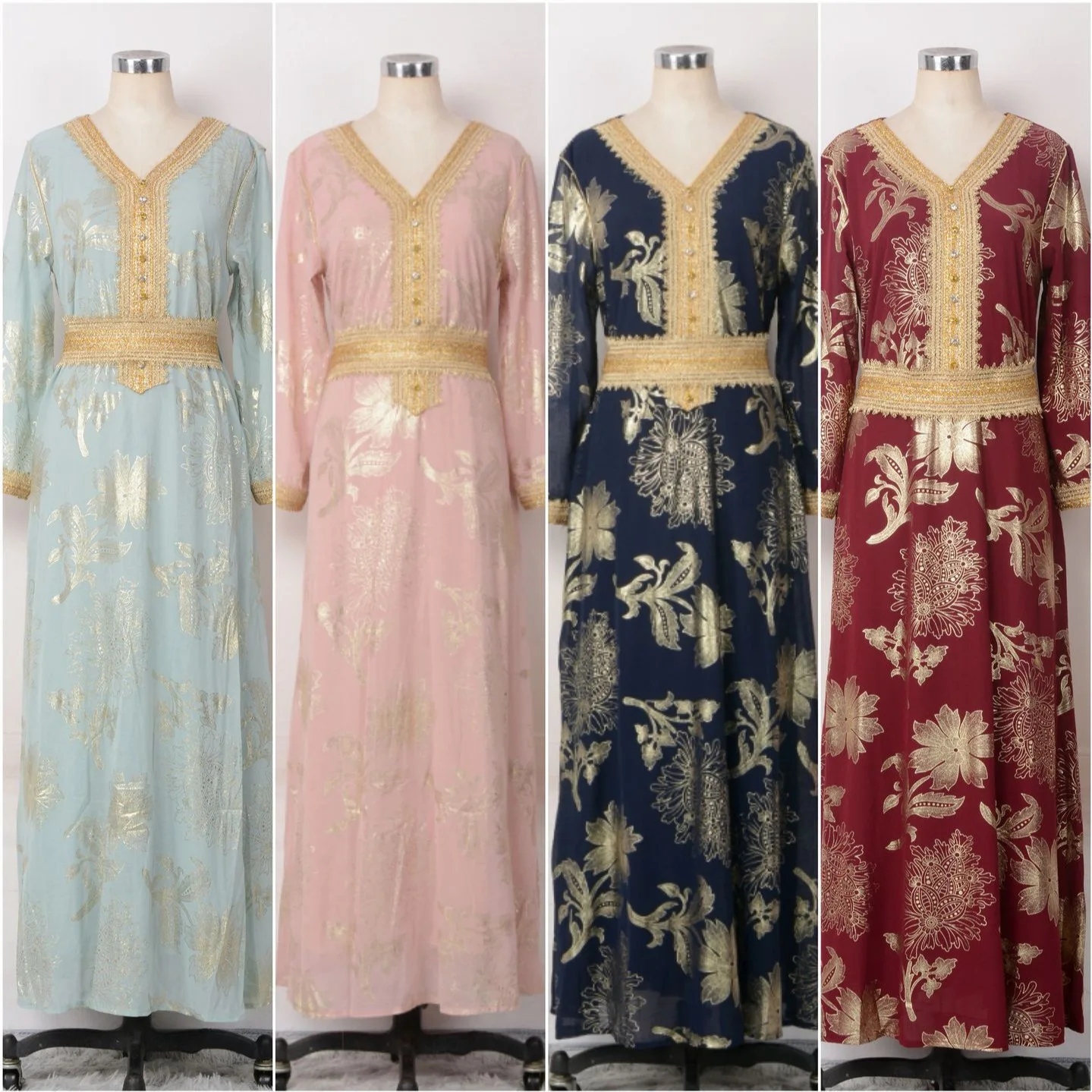 Długa sukienka z dekoltem w serek, brązująca, modna, arabska dubajska szata, nowa kolekcja jesień-zima 2025, odzież damska.