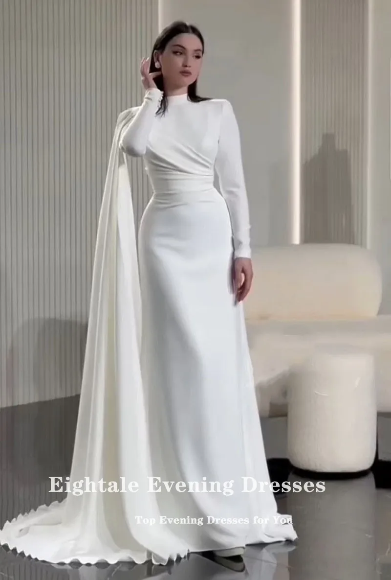 Eightale คํางานแต่งงานชุดที่กําหนดเองสีขาวงาช้างซาตินคอยาวแขนยาว Mermaid ชุดเจ้าสาว Vestido De Noiva