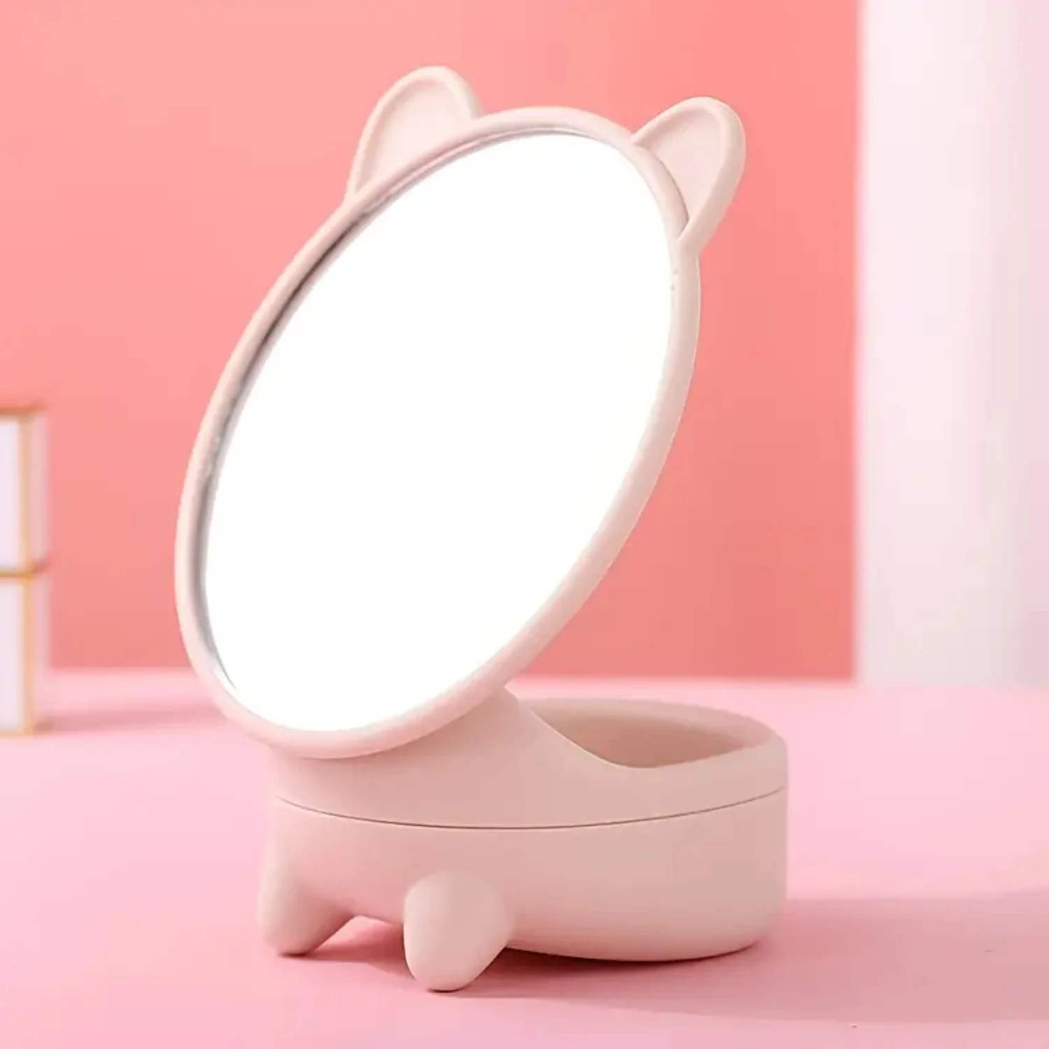 Cute Cat Ears Vanity Mirror with Storage for Bathroom or Bedroom - One Pc Makeup Desk Mirror