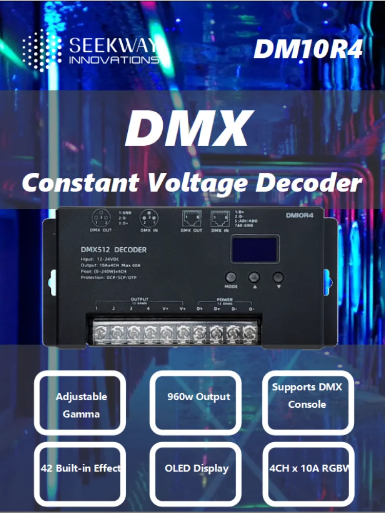 DMX 512 Decoder 4CH x 10A LED RGBW Controller DC12V-24V up to 960W, with OLED Screen,42 Built-In Effects, Auto Addressing