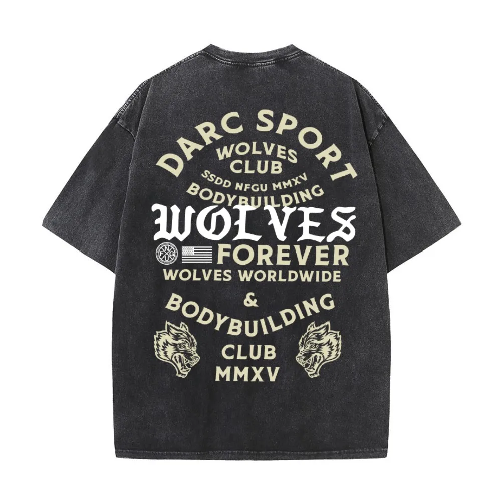 

DARC SPORT Hip Hop 2024 Vintage Washed Black T-Shirts Wolves Forever Streetwear Retro T Shirt Cotton Unisex Tshirt Men Tops Tees