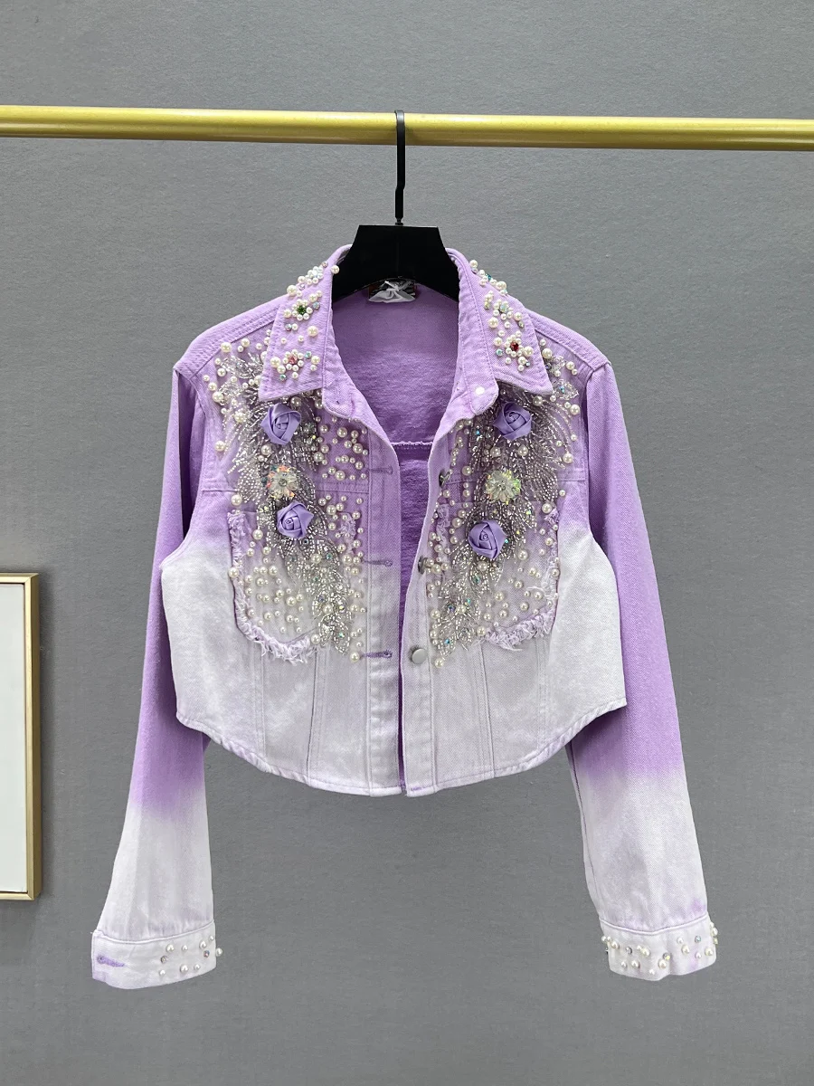 

Women's ort Denim Jaet 2023 New Autumn Loose Slim Heavy Embellied Rhinestone Street Sle Collar Button up Cotton ...