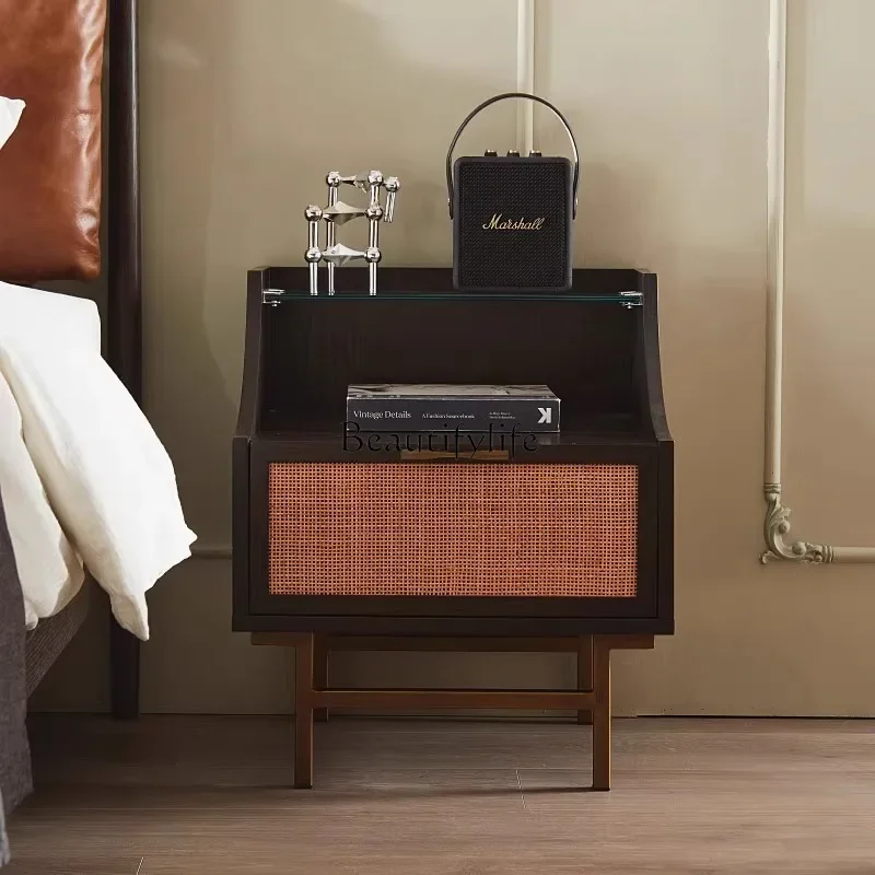 

12Medieval solid wood bedside bedroom rattan with drawers storage cabinet modern simple oak locker