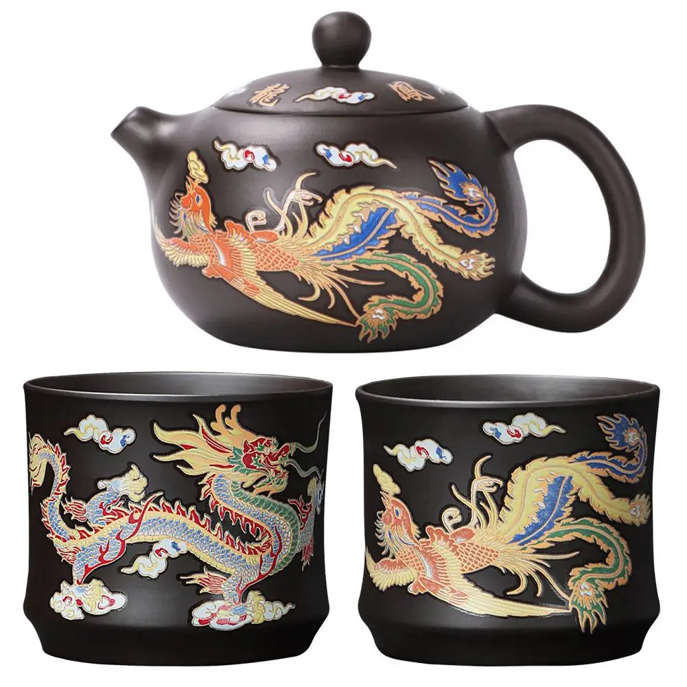 Purple Sand Tea Set Functional Tea Brewing Kit Handcrafted Dragon Phoenix Color-changing Purple Clay Teapot Set for Lovers