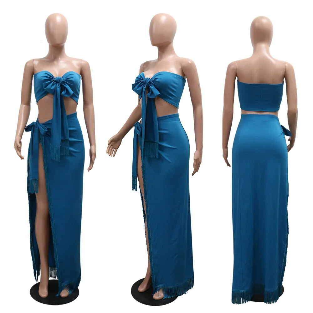 Rüschen Fransen Kleid 2 Stück Rock Sets langes elegantes Luxus kleid 2024 Sommerkleid ung Strand tragen sexy Outfit zweiteilige Rock-Sets