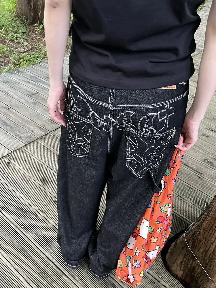 Vintage Embroidery Black Jeans Women Oversized Streetwear Grunge Y2k Baggy Denim Trousers Boyfriend Jeans Hip Hop Gothic