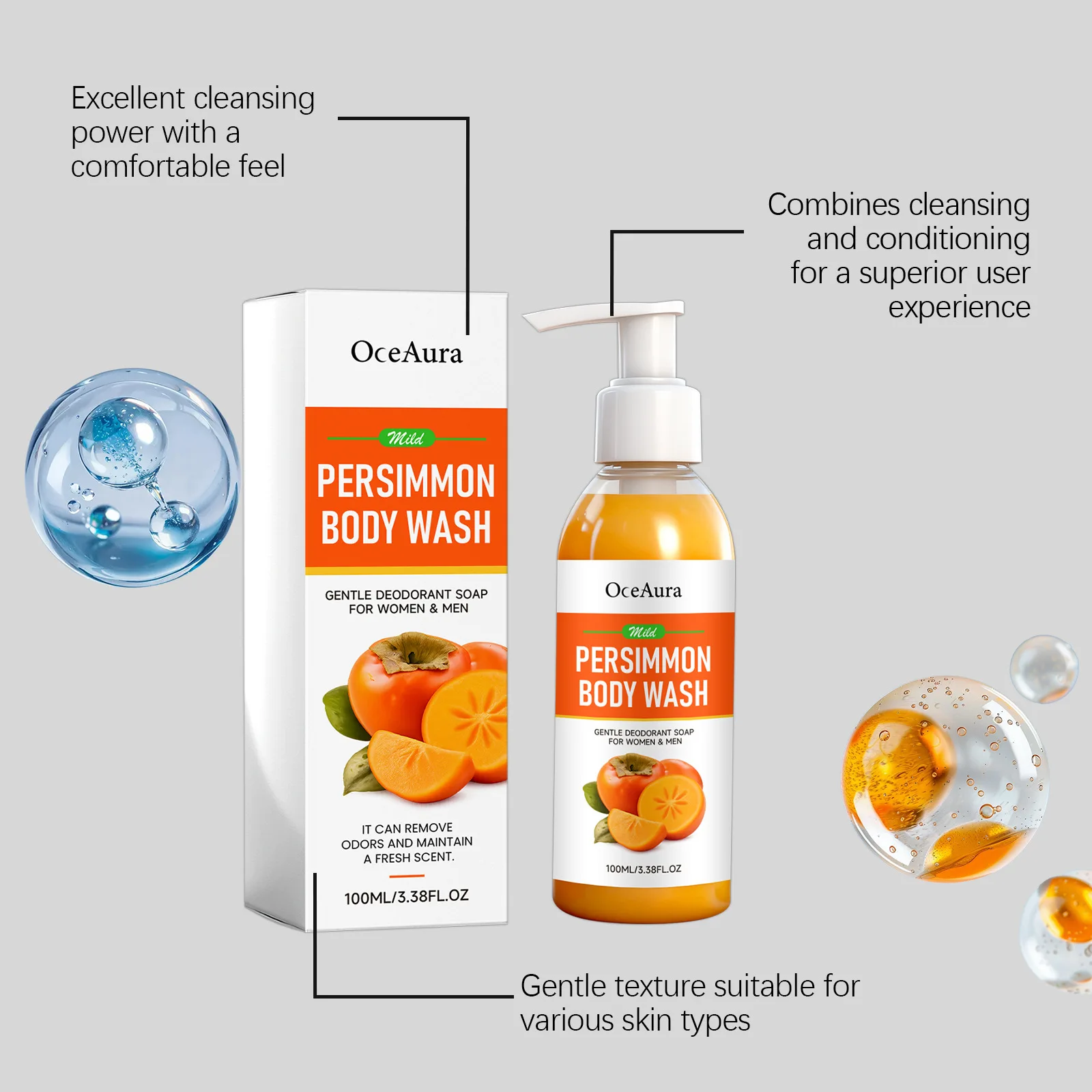 Persimmon Scent Oil Control Shower Gel Long Lasting Fragrance Deep Clean Body Wash For Men Women