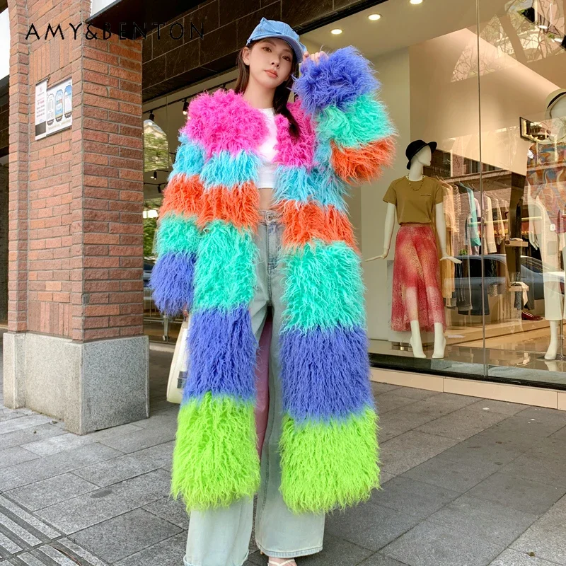 

2024 Autumn And Winter New Unique Design Furry Jacket Color Striped Fur Coat Faux Wool Over The Knee Loose Long Jaqueta De Mujer