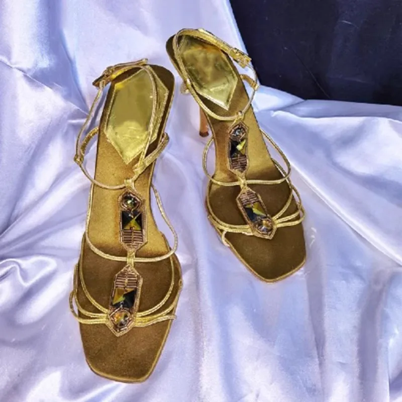 

Bling Egypt Rhinestone Thin T- Straps Golden Sandals Open Toe Bling Rhinestone Hollow Out Vintage Dance Shoes for Women