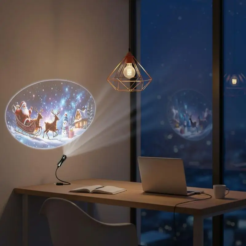 USB Christmas LED Projector Light 6 Replaceable Slides Energy Saving Dynamic Lamp for Indoor Home Decor