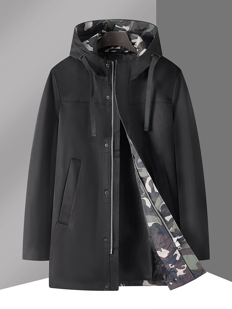 

Повседневная модная мужская куртка средней длины с капюшоном, весенне-осенняя верхняя одежда, повседневная деловая куртка-стойка с застежкой-молнией