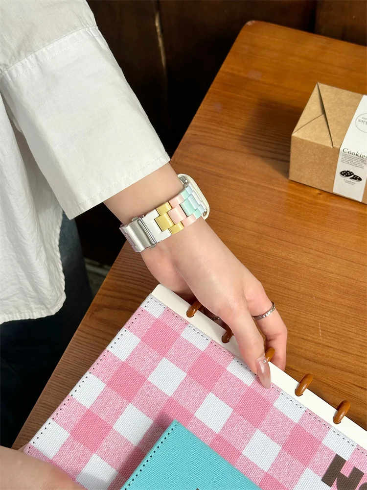 Koreańska tęczowa pasek z żywicy + etui 49mm na zegarek jabłkowy 45mm 40 41mm 38 40 44mm Correa męskie pasek do zegarka iwatch 9 8 SE 7 6 5