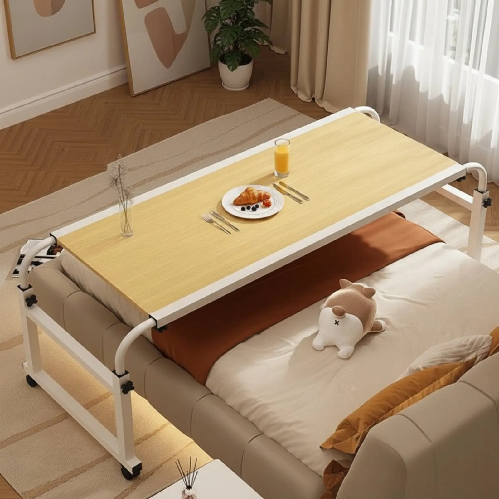 Adjustable Overbed Desk Multi-Functional Cross Bed Study Table Adjustable C-Shaped Desk Raised Border Design Rolling Computer