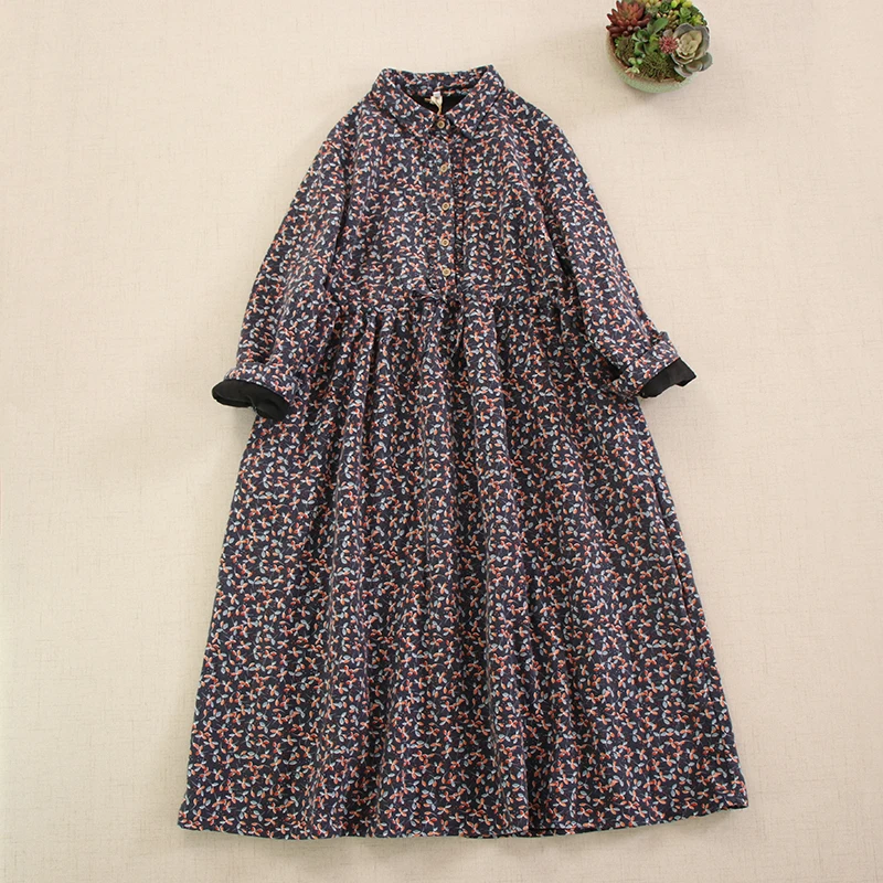 Japanese Sweet Mori Girl Vintage Floral Print Thicken Fleece Dress Women Autumn Winter Turn Down Collar Long Sleeve Casual Dress