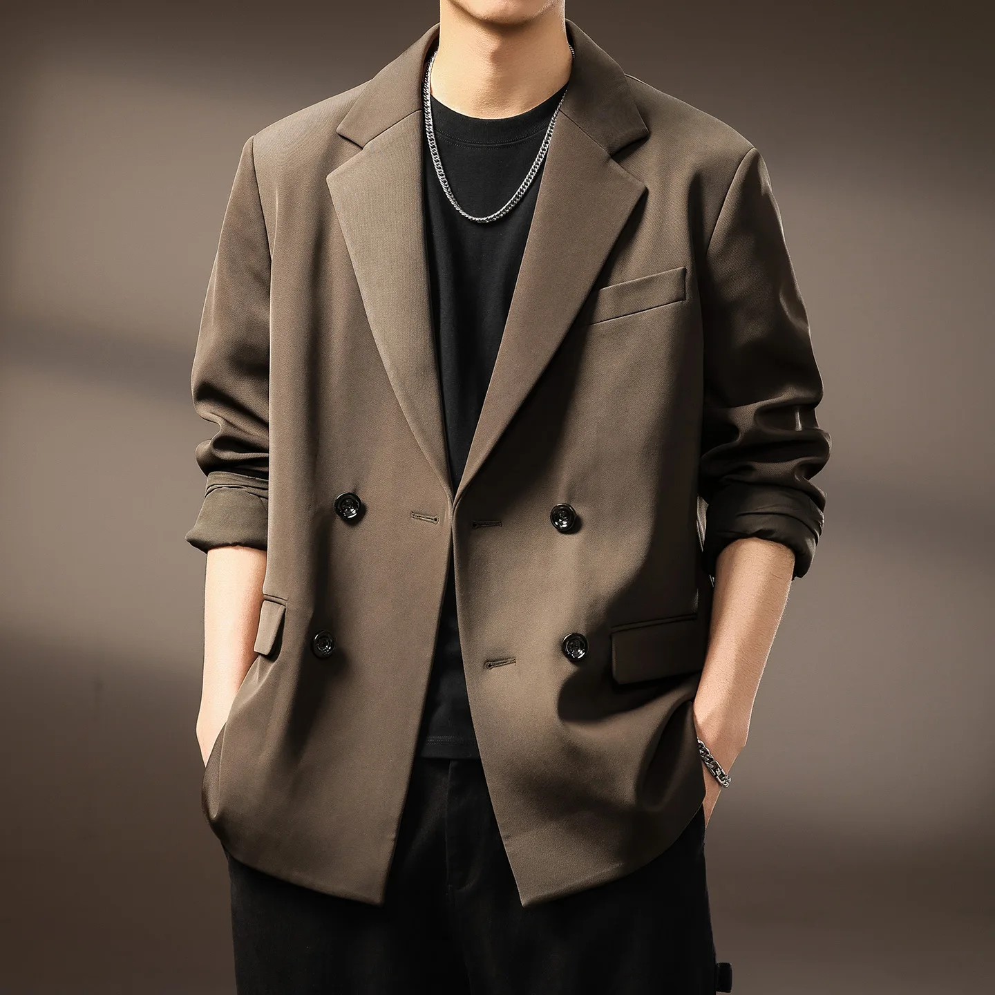 

High-end men's suit commuting double breaked flat collar suit men's autumn casual loose senior sense formal suit jacket