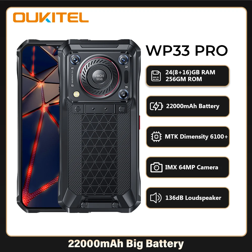 Oukitel WP33 Pro 5G Smartphone robusto 22000mAh 6,6" FHD+ Telefono cellulare 24GB 256GB Telefono cellulare 64MP Fotocamera 33W