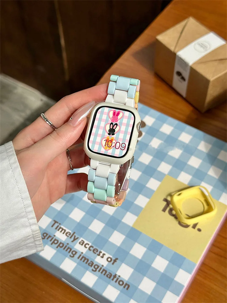 Koreańska tęczowa pasek z żywicy + etui 49mm na zegarek jabłkowy 45mm 40 41mm 38 40 44mm Correa męskie pasek do zegarka iwatch 9 8 SE 7 6 5