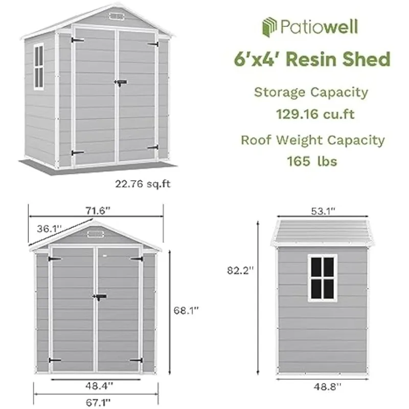 Patiowell 6x4 FT Resin Outdoor Storage Shed with Floor, Light Gray | Plastic Outside Sheds with Window, Garden Tool Shed