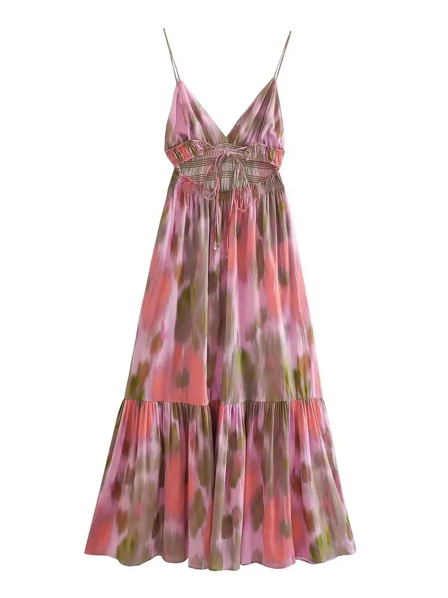 ชุดเดรสแฟชั่นพิมพ์ลายเอวยางยืดเปิดหลังผูกเชือกสไตล์วินเทจ สายเดี่ยว คอวี ความยาวปานกลาง สำหรับผู้หญิง ใส่เที่ยวพักผ่อน ชิคๆ ไปทะเล 5WU7