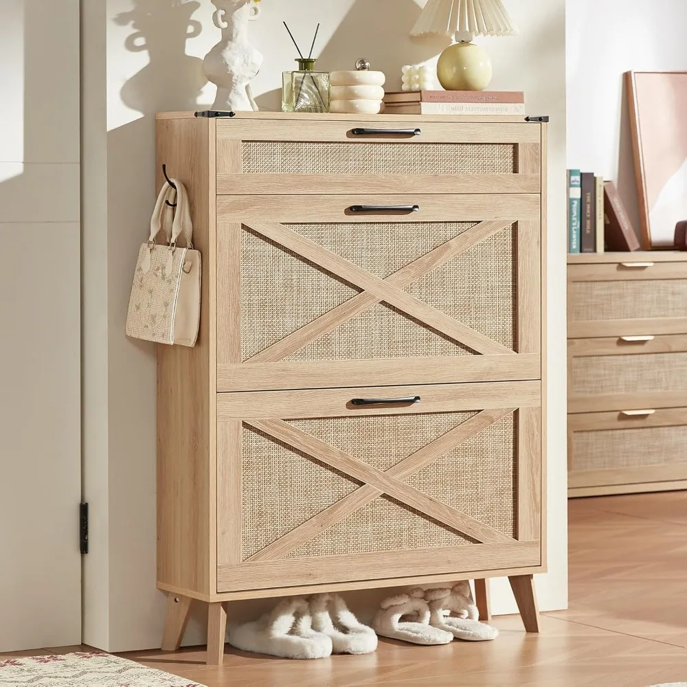 

Entrance shoe storage cabinet, equipped with 2 rattan flip drawers, can accommodate 16-20 pairs of Nepenthes shoes