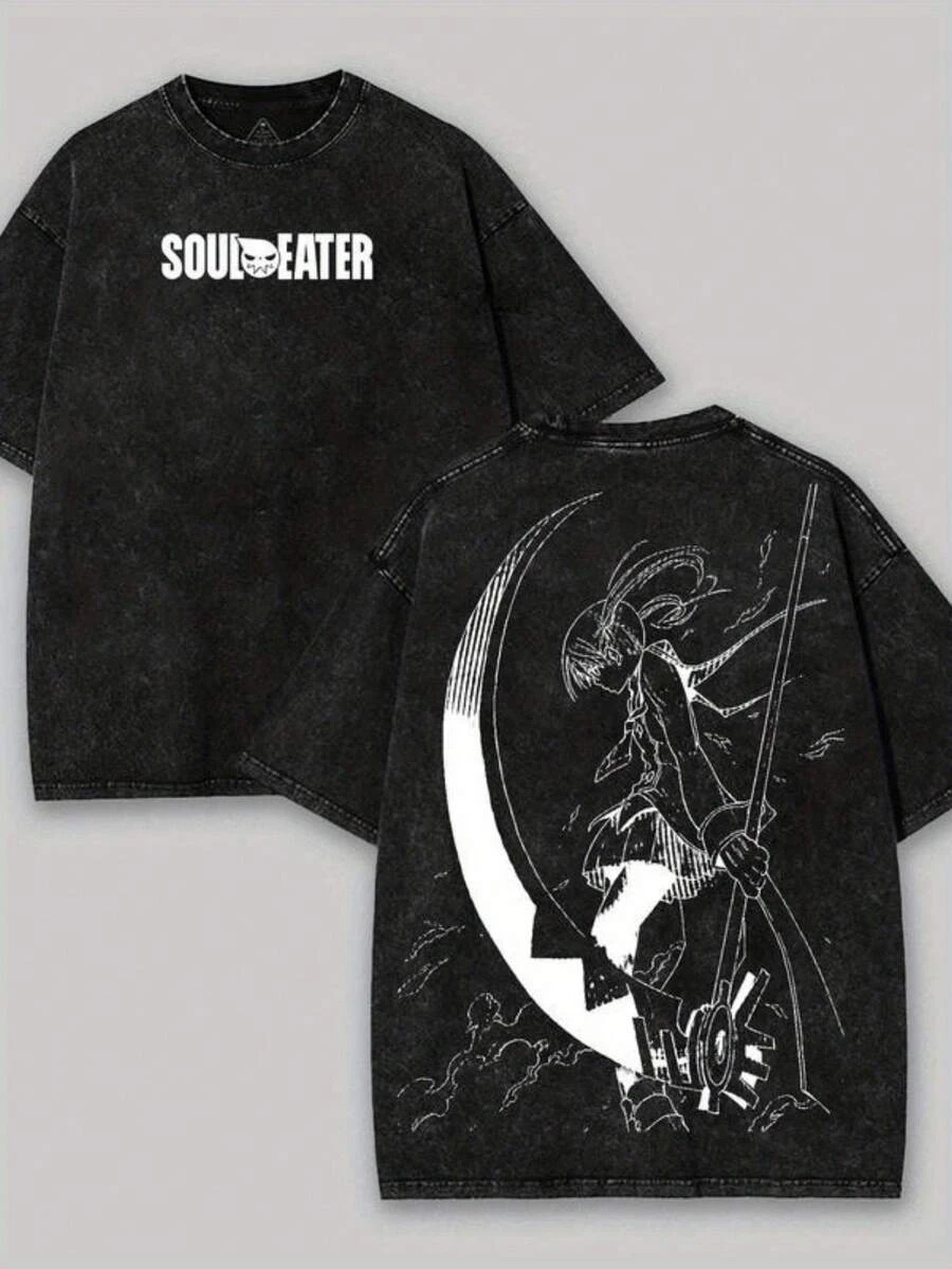 Neues Herren-T-Shirt aus gewaschener Baumwolle, Soul Eater-Charakterdruck, Y2K INS, amerikanischer Retro-Stil, locker geschnittenes Vintage-Street-Grafik-T-Shirt – Detail 4