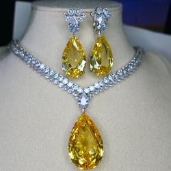 European and american Luxuri Large Yellow Zirconia Stone Water Drop Earrings and Womens Necklace Real Gold plated Jewelry Sets