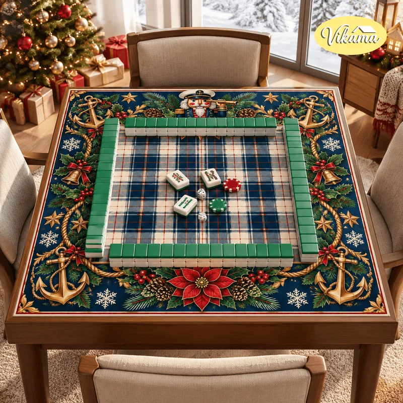 VIKAMA Nautical Nutcracker Christmas Mahjong Table Mat Anchor Poinsettia Plaid Non Slip Game Mat for Xmas Game Night Party