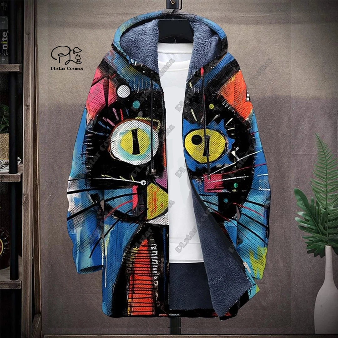 PLstar Cosmos 3D printed cat skull night star yi pattern winter men's hooded jacket winter casual thickened warm series -6