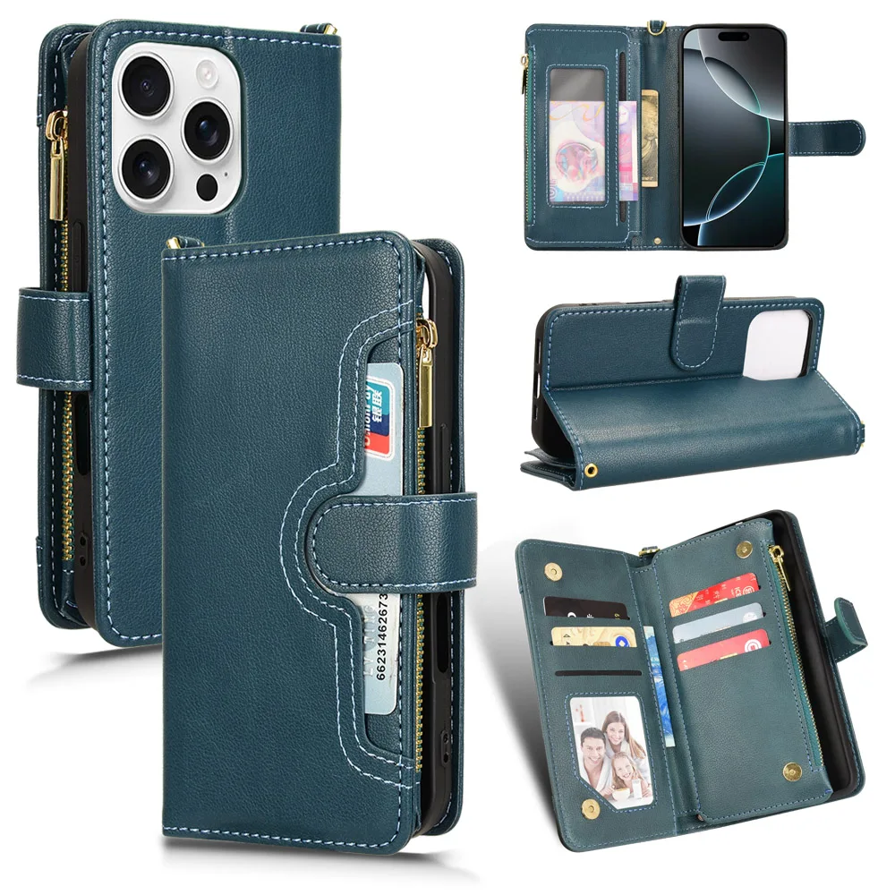 Leather Case For iPhone 16 15 14 13 Pro Max Plus mini Business Leather Cases Card Slot Lanyard Zipper Wallet Phone Case