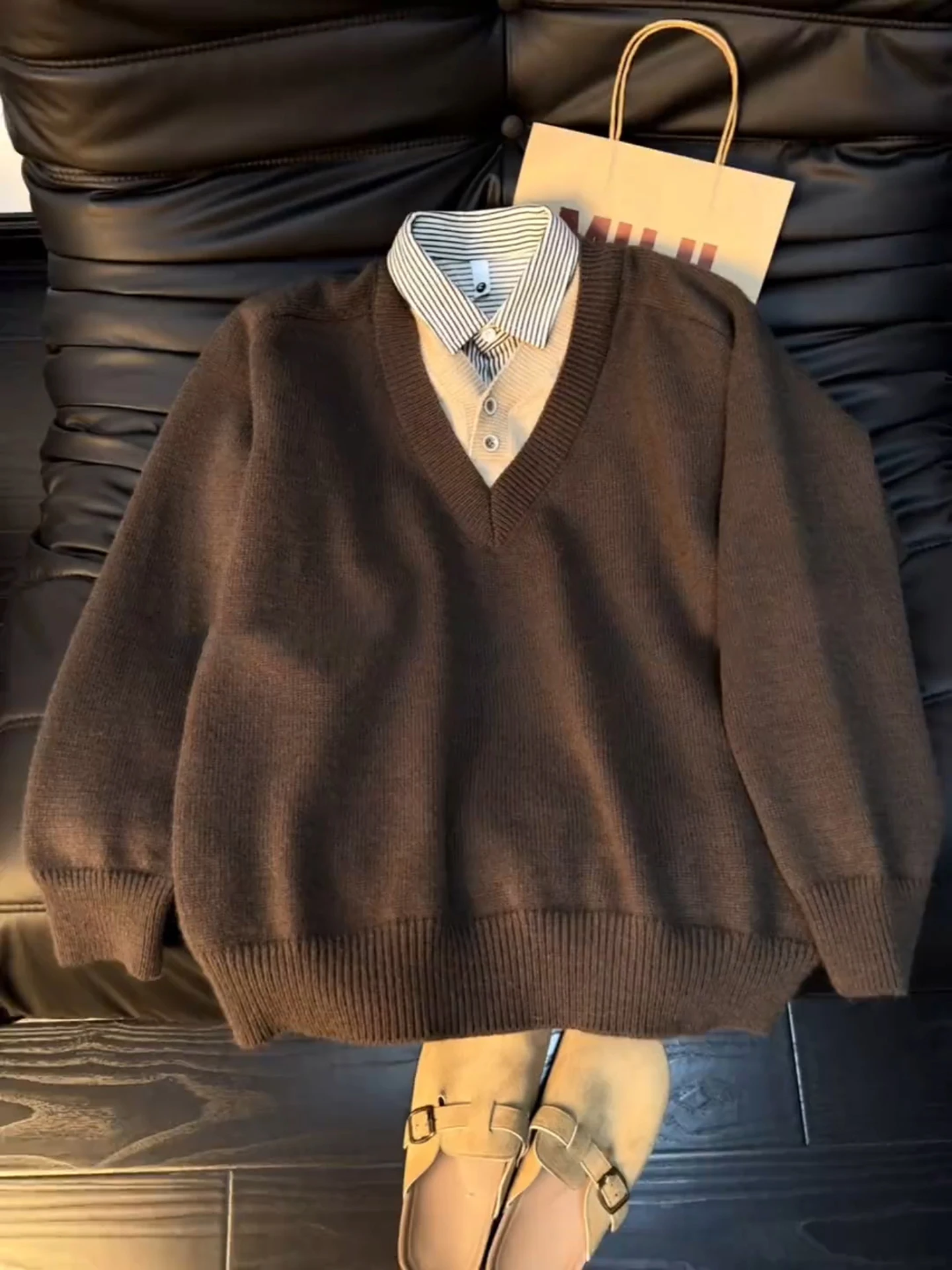 

Caramel Thiened V-ne Men's Knitted Sweater Autumn Winter Lazy American Sle Outerwear Loose Fit Regular Length Long Sve