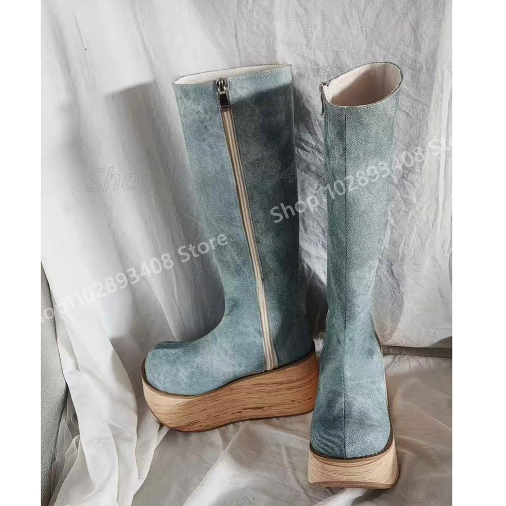 

Blue Thick Soled Side Zipper Mid Calf Boots Side Zipper Round Toe Platform Solid Fashion Sexy Women Shoes Summer Para Mujere