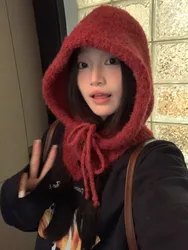 Autumn And Winter Red Balaclava Female Thermal Ear Protection With Wool Knit Hat Bib One Wool Hat Tide