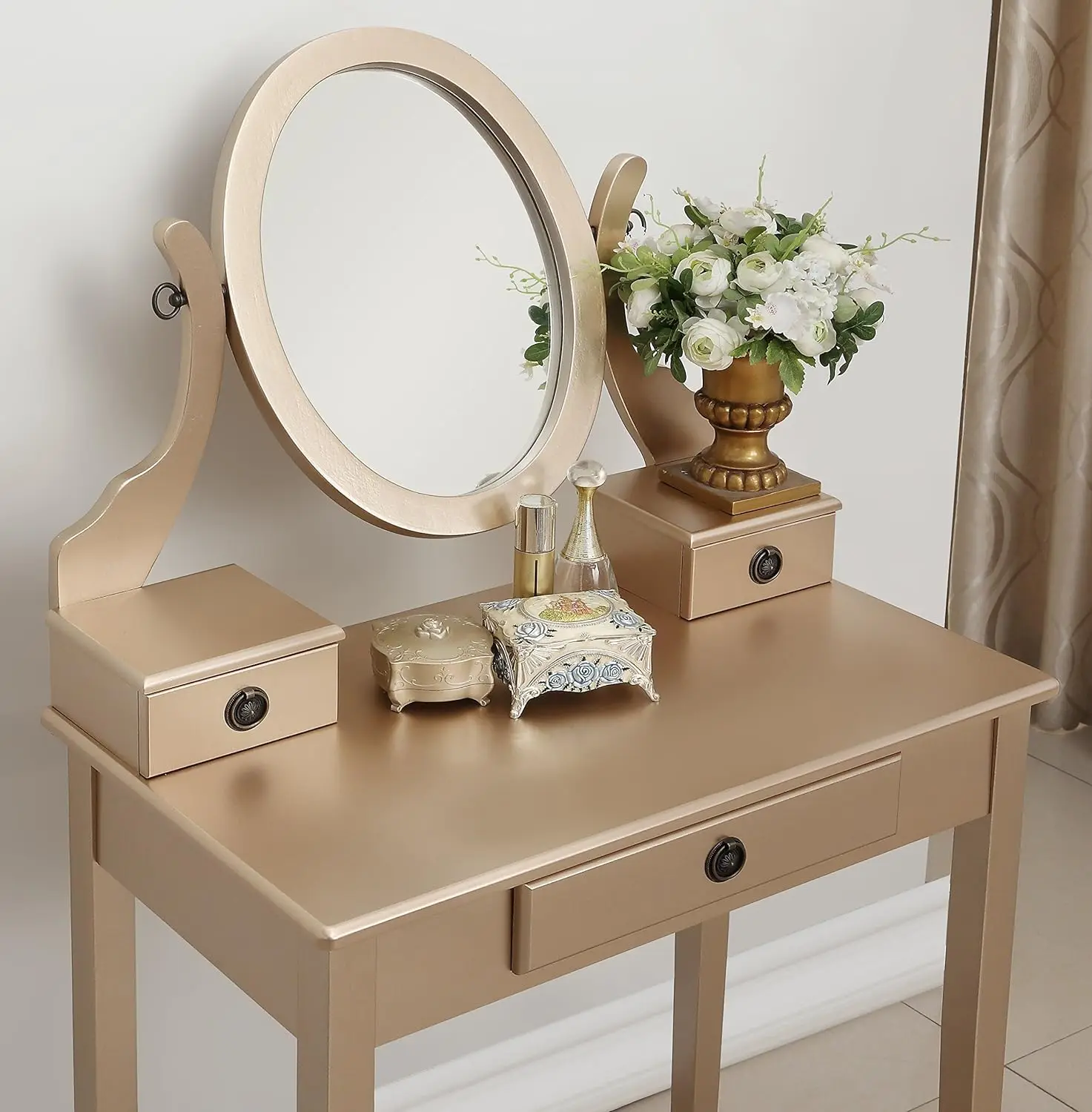 Moniys Wood Moniya Makeup Vanity Table and Stool Set, Gold vanity table with drawers, Dressers