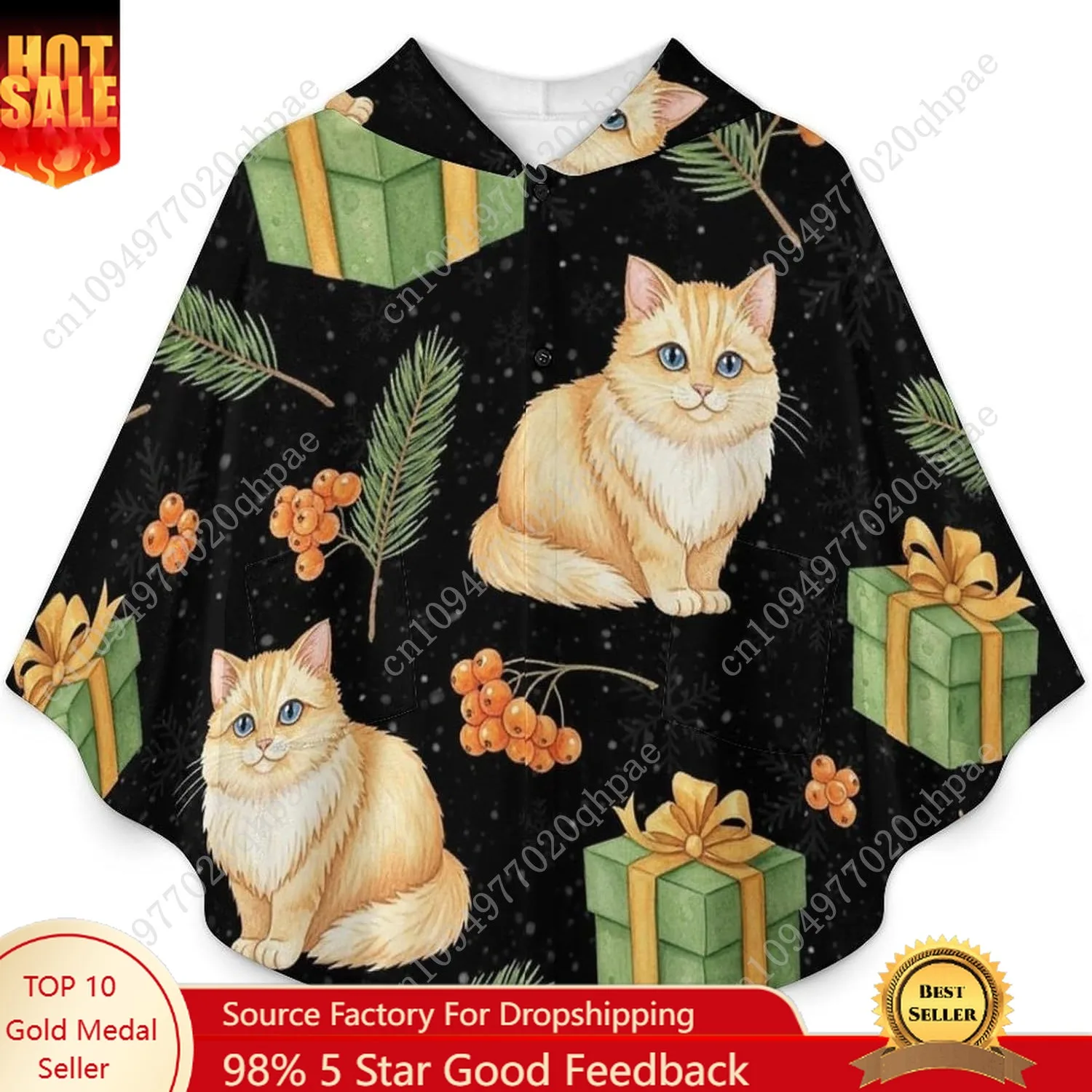 سترة بطانية مريحة من الفلانيل، فروع التوت القطط، رقاقات الثلج، هوديي كبير الحجم مع جيوب للأطفال والمراهقين #1