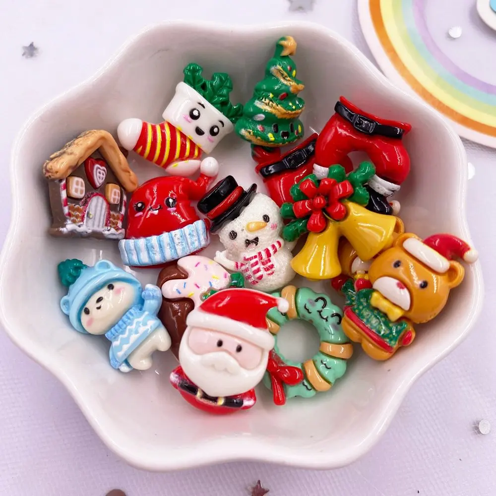 12PCS Resin Kawaii Colorful Mini Santa Trees Elk Snowman Bells Flatback Cartoon Christmas Figurine Scrapbook DIY Decor Crafts