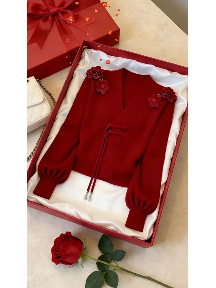 

Faionable 3D Flower V-Ne Knitted Sweater Top Women's Early Spring New Sle High-End Red Sweater Casual Slim Fit Long Sve