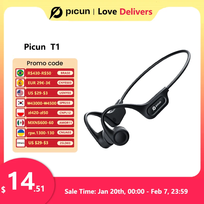 Picun T1 Bone Conduction Earphones Bluetooth Wireless Headset IPX7 Waterproof Sport Headphones 3D Sound Earhook Noise Cancelling