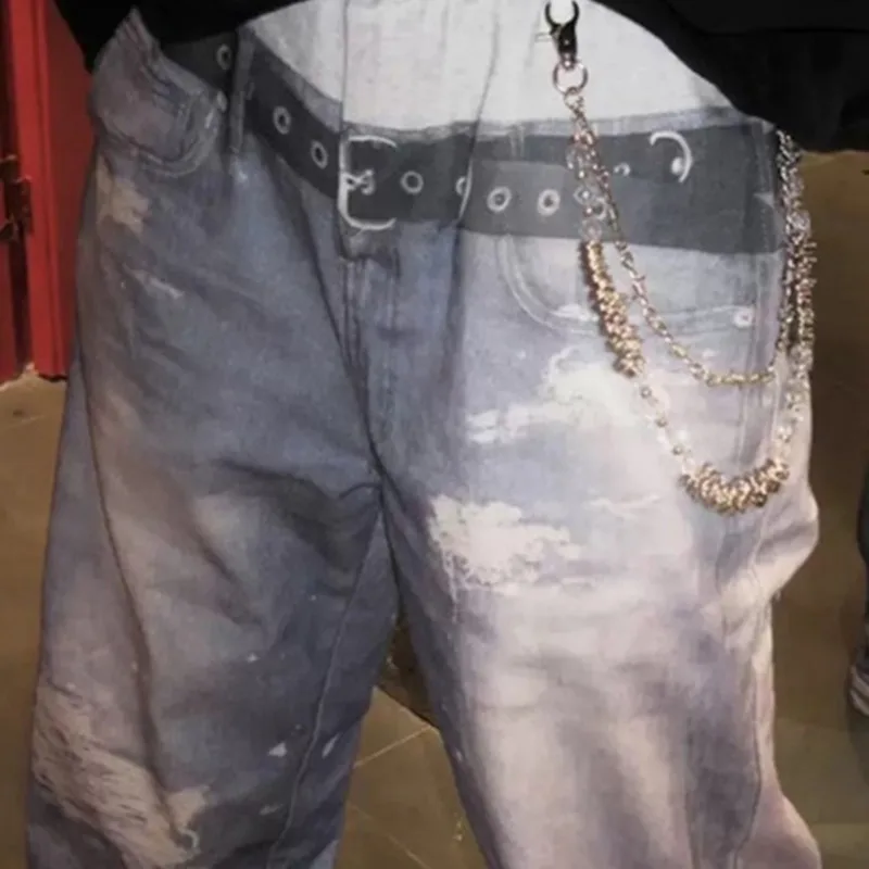 HKSH Primavera Estate dei Nuovi Uomini di High Street Chic Moda Distressed Jeans Lavati Chic Contrasto di Colore Dritto Pantaloni a Gamba Larga HK7030