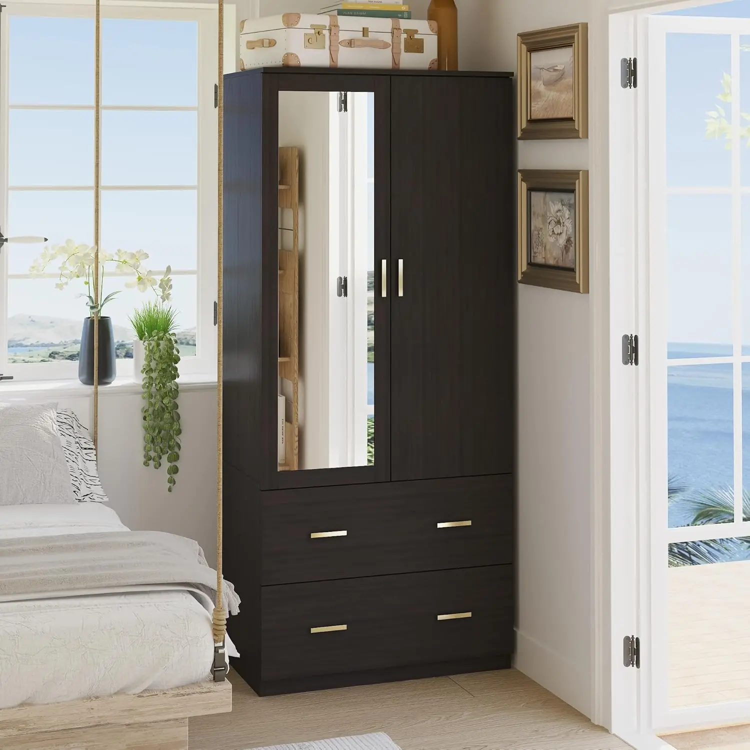 Aiegle 2 Doors Wardrobe Armoire With Mirror, Freestanding Mirrored Armoire Wardrobe Closet With 2 Drawers, Shelves & Hanging