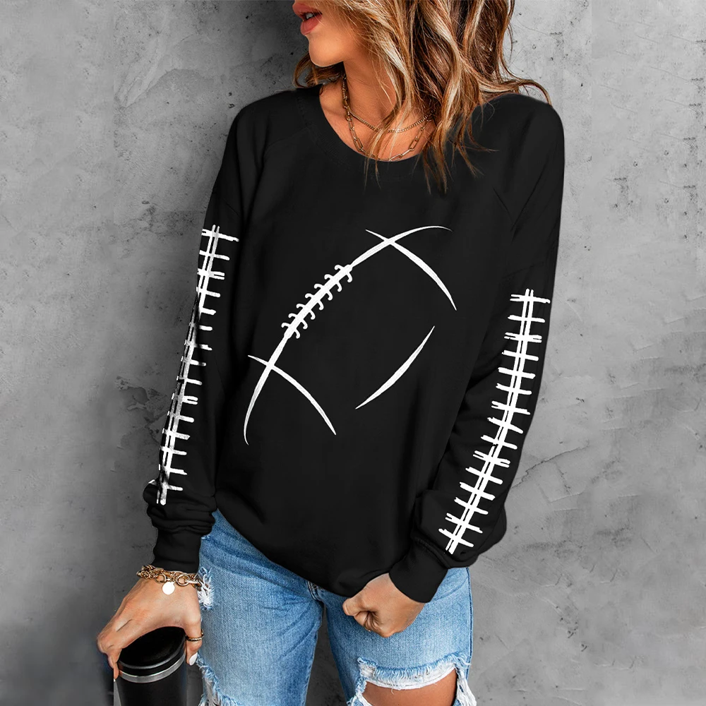 American Football Graphic Round Neck Casual Tops Women Long Sleeve Hoodies Pullover Sweatshirt Fashion Oversized Autumn Clothing