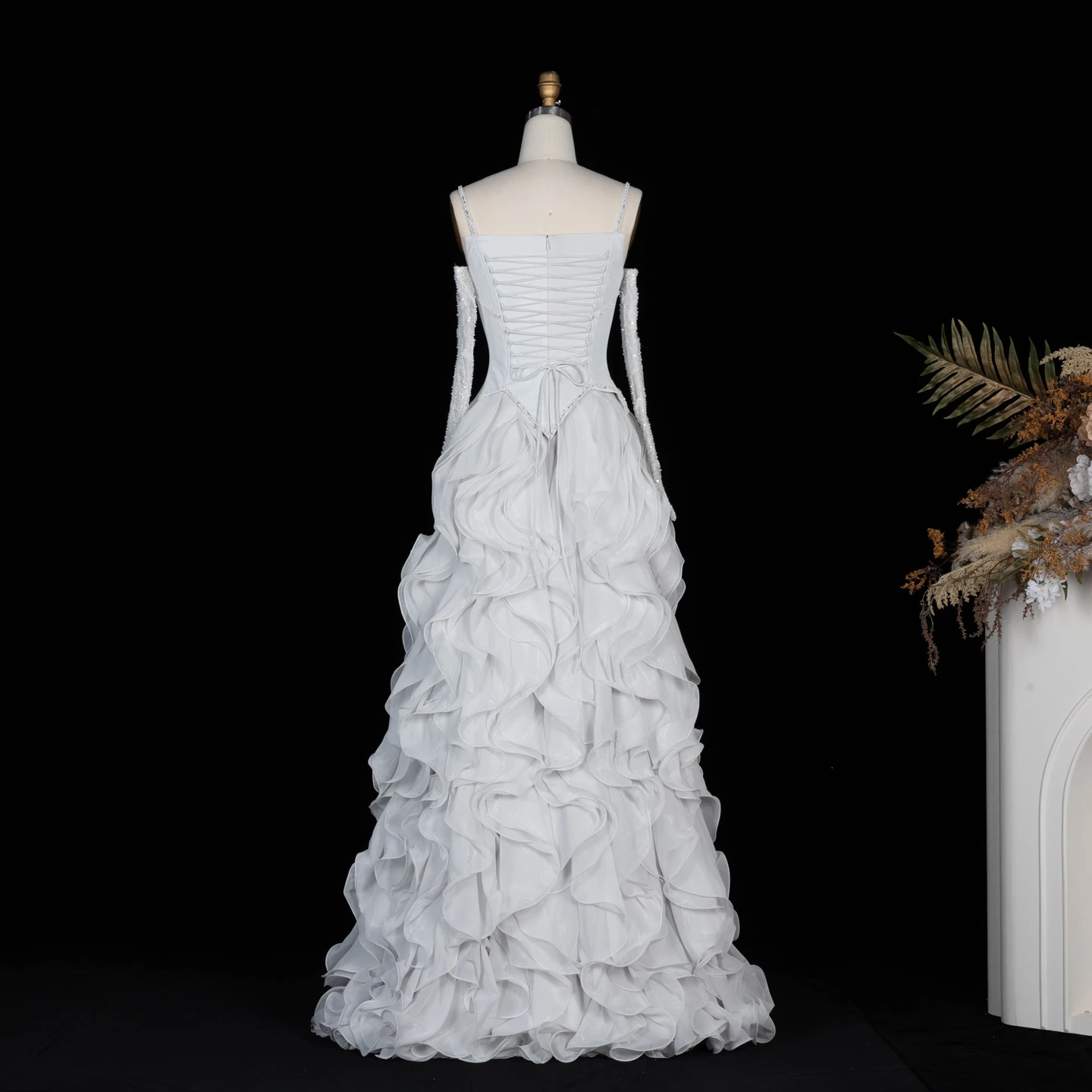 Sharon Said Luxuriöses graues Abendkleid mit Spaghettiträgern, Korsett-Oberteil, gerüschtem Chiffon, für formelle Anlässe, Partykleider SS672, maßgeschneidert – Detail 7