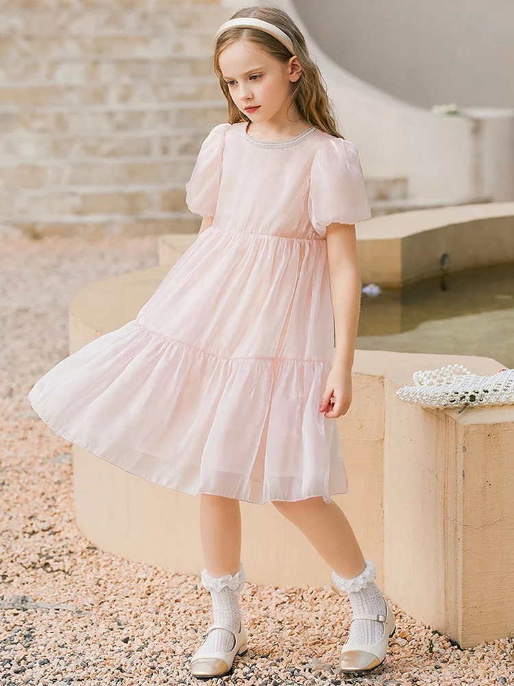 Baby Girls Summer Dresses Short Sleeve Pink Pearl Decro Wedding Flower Girl Wear Birthday Party Princess Clothing 3T 14yrs Kids