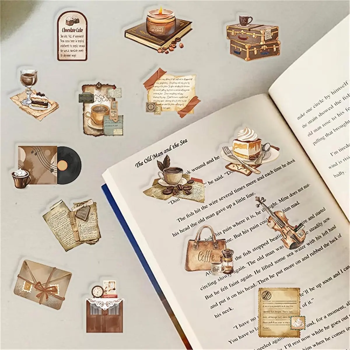 ABZT 50 PCS Retro Coffee Shop Stickers for Scrapbooking, Waterproof Transparent PET Aesthetic Decals