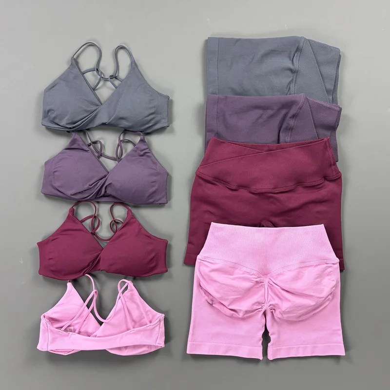 Crossover Waist Vision Shorts Set Seamless Scrunch Butt Yoga Short Pants and Vision Twist Front Sports Bra Sets for Gym Fitness