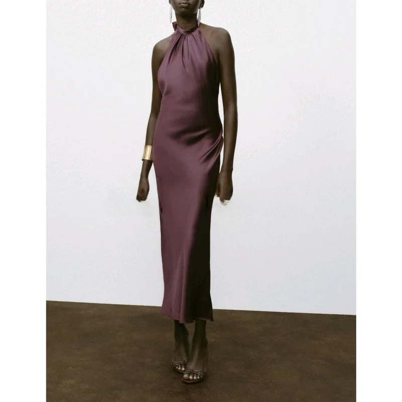 Vestido midi sexy de cetim de seda sem costas, decote suspenso, estilo casual, vestido f de fibra de poliéster sem mangas